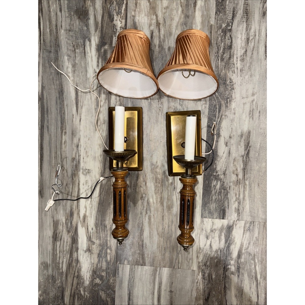 Set Of 2 Vintage MCM Electric Fixtures Wall Sconces Lamps Wood Metal Shades